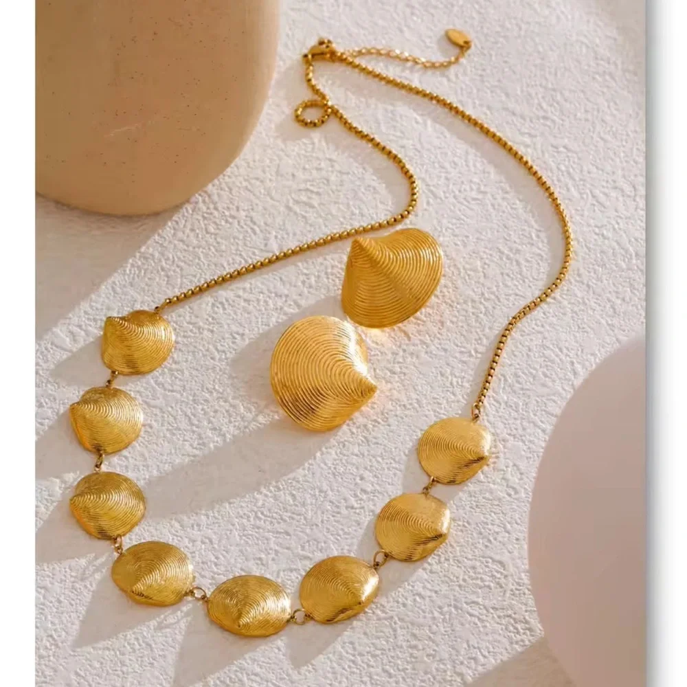 Gold Textured Bead Statement Necklace & Earring Set – Stainless Steel - Picture 6 of 17